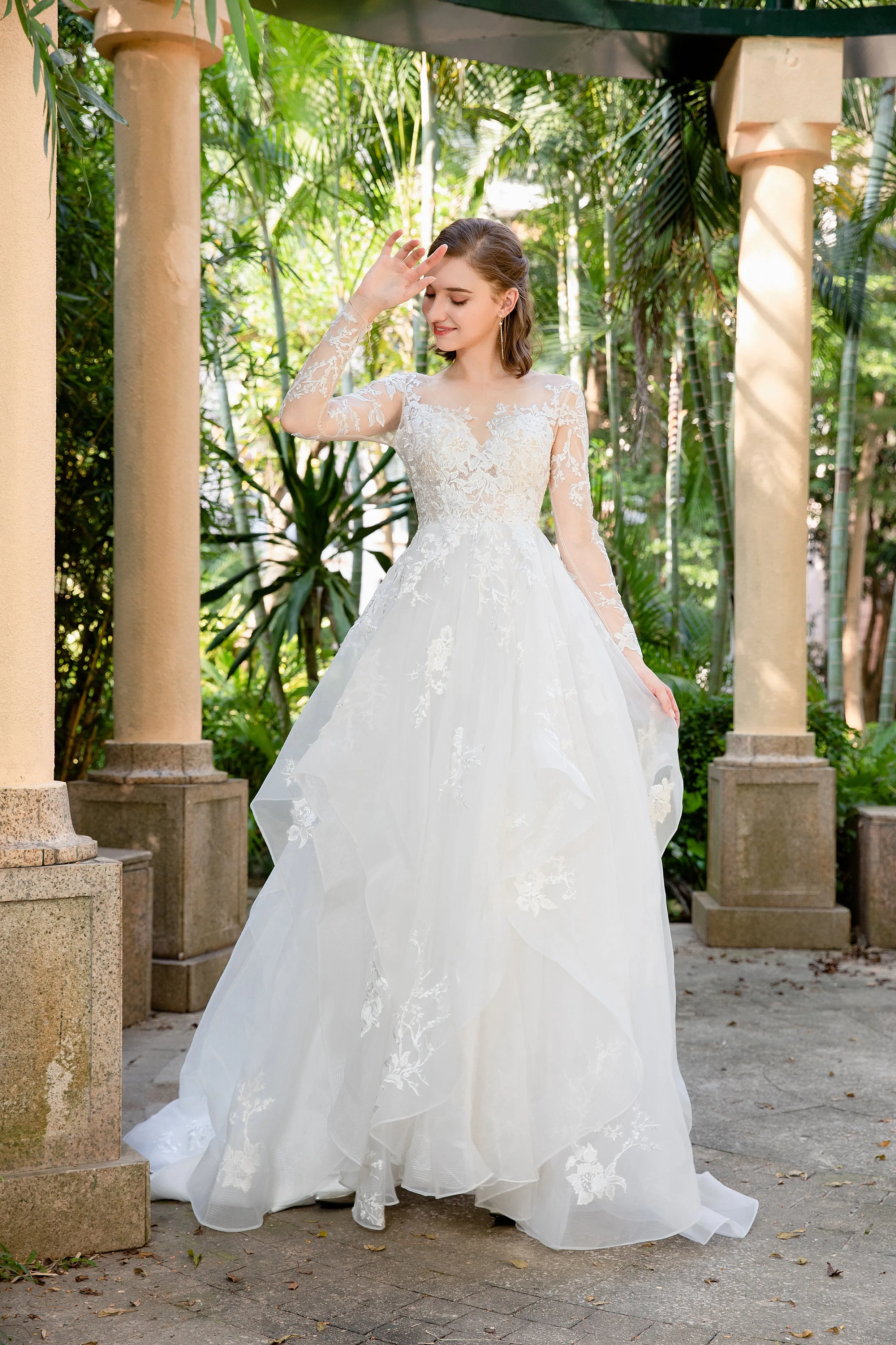 Tess - Selena Huan Long Sleeves Embroidery French Floral Lace Ruffled Skirt A-line Gown