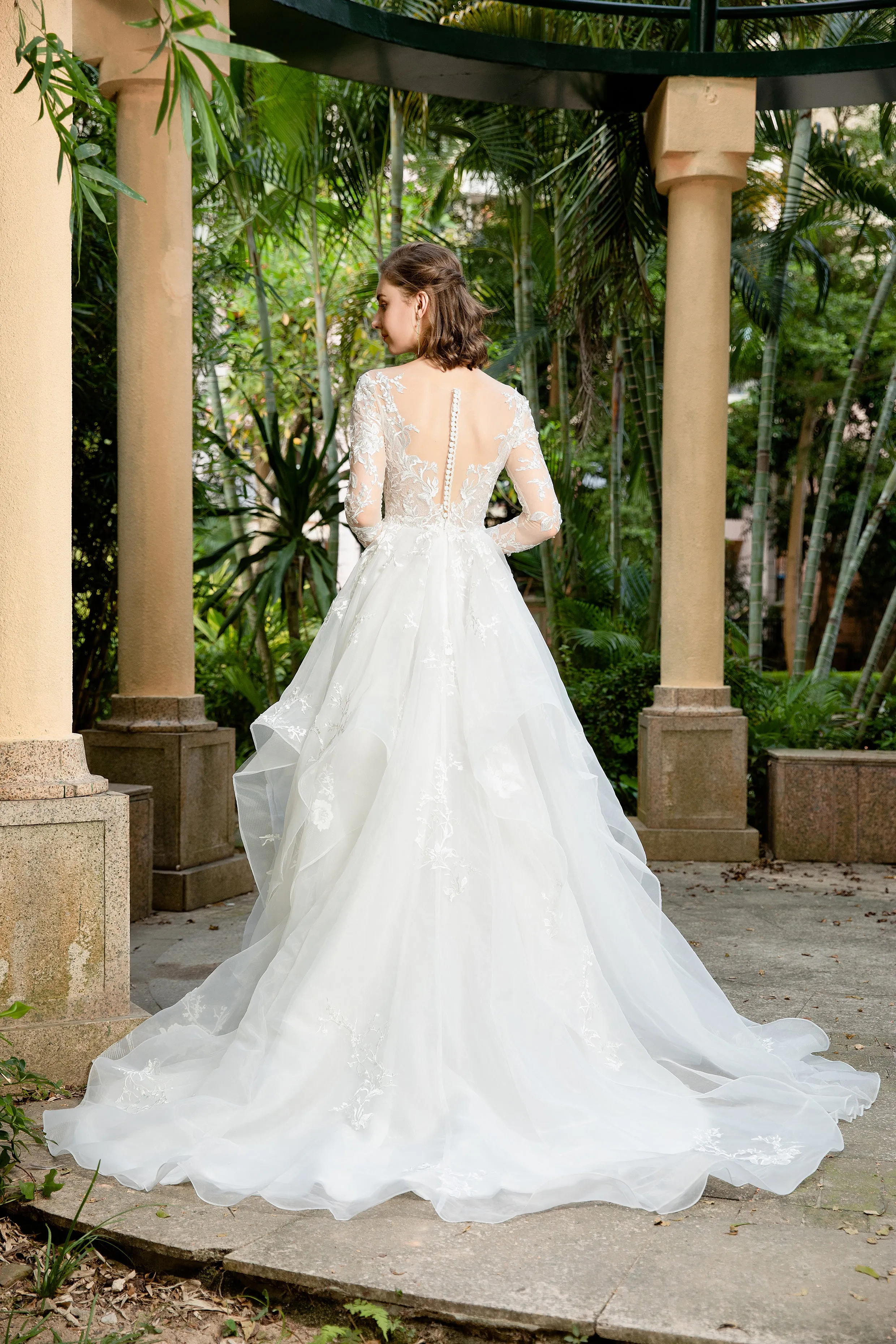 Tess - Selena Huan Long Sleeves Embroidery French Floral Lace Ruffled Skirt A-line Gown