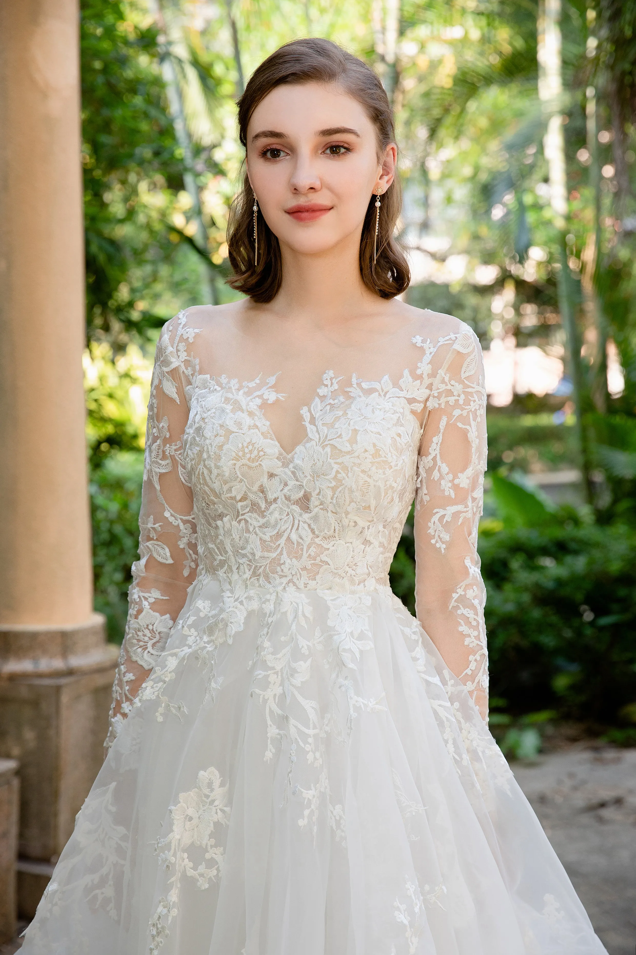 Tess - Selena Huan Long Sleeves Embroidery French Floral Lace Ruffled Skirt A-line Gown