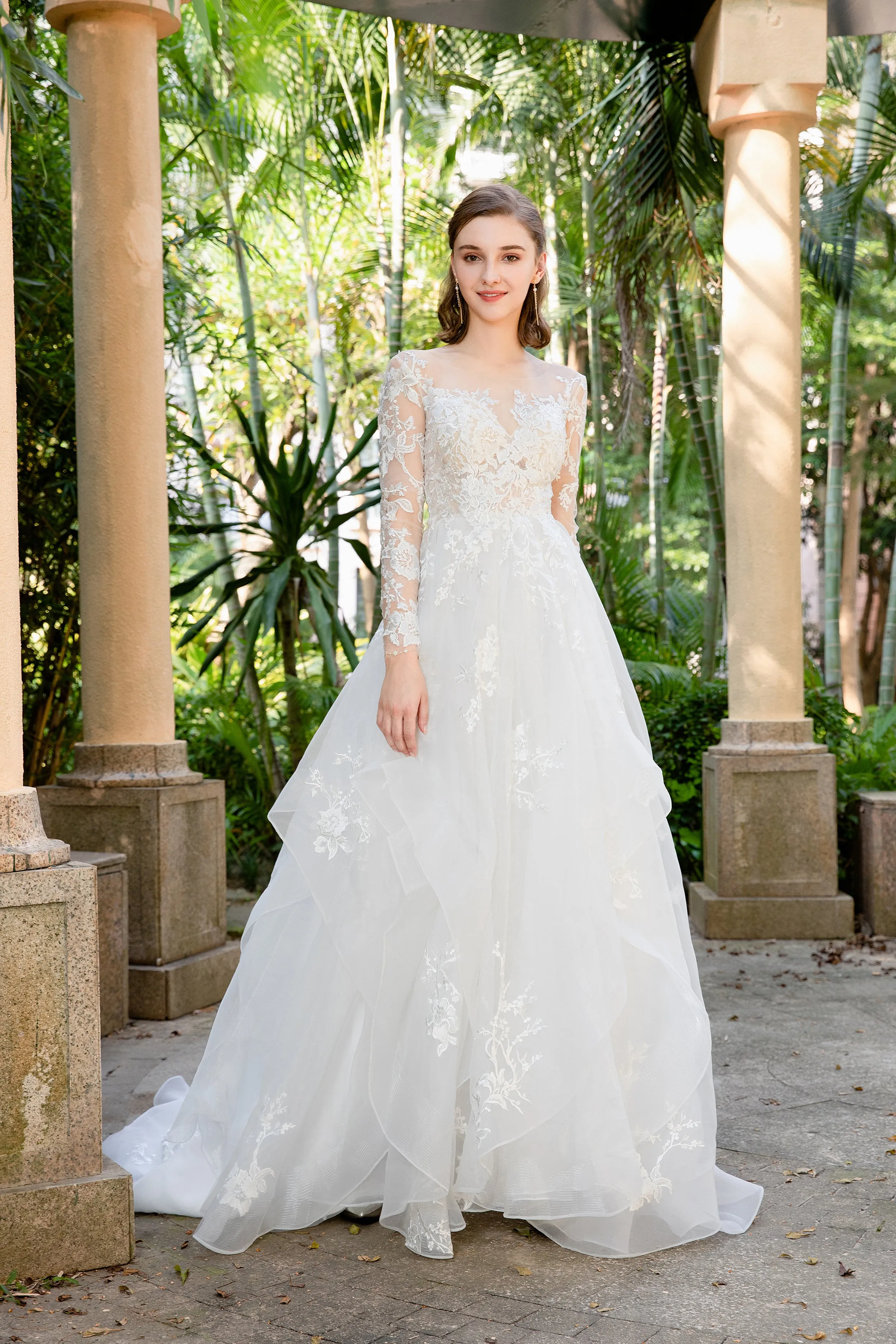 Tess - Selena Huan Long Sleeves Embroidery French Floral Lace Ruffled Skirt A-line Gown