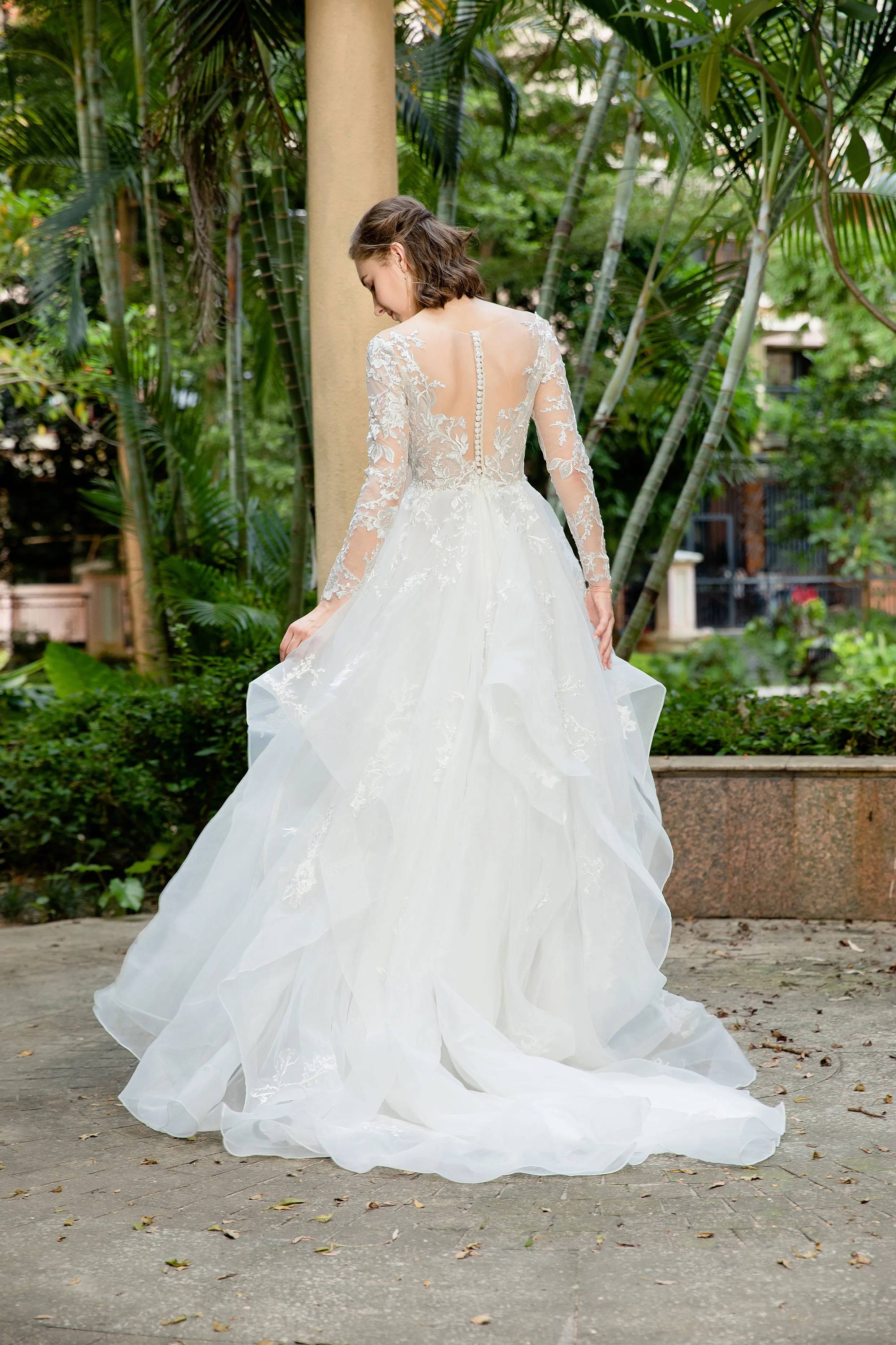 Tess - Selena Huan Long Sleeves Embroidery French Floral Lace Ruffled Skirt A-line Gown