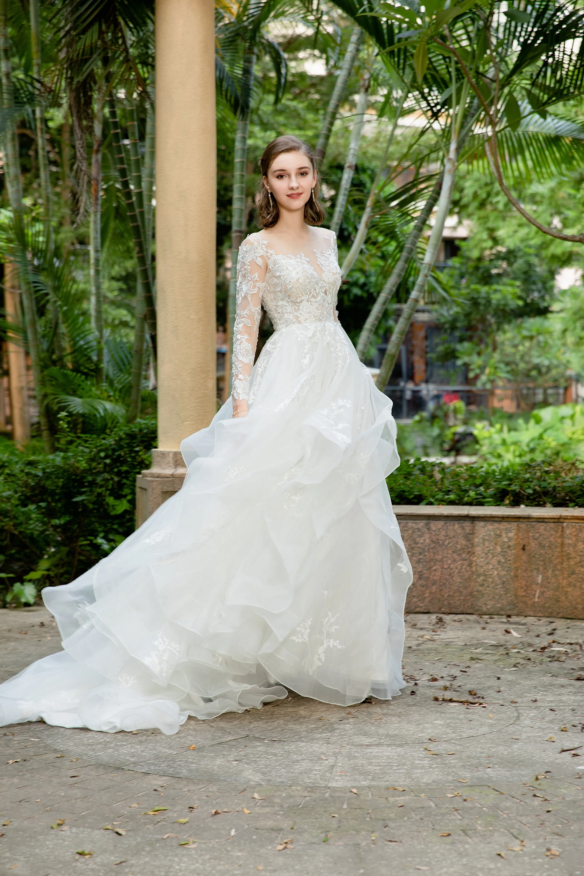 Tess - Selena Huan Long Sleeves Embroidery French Floral Lace Ruffled Skirt A-line Gown