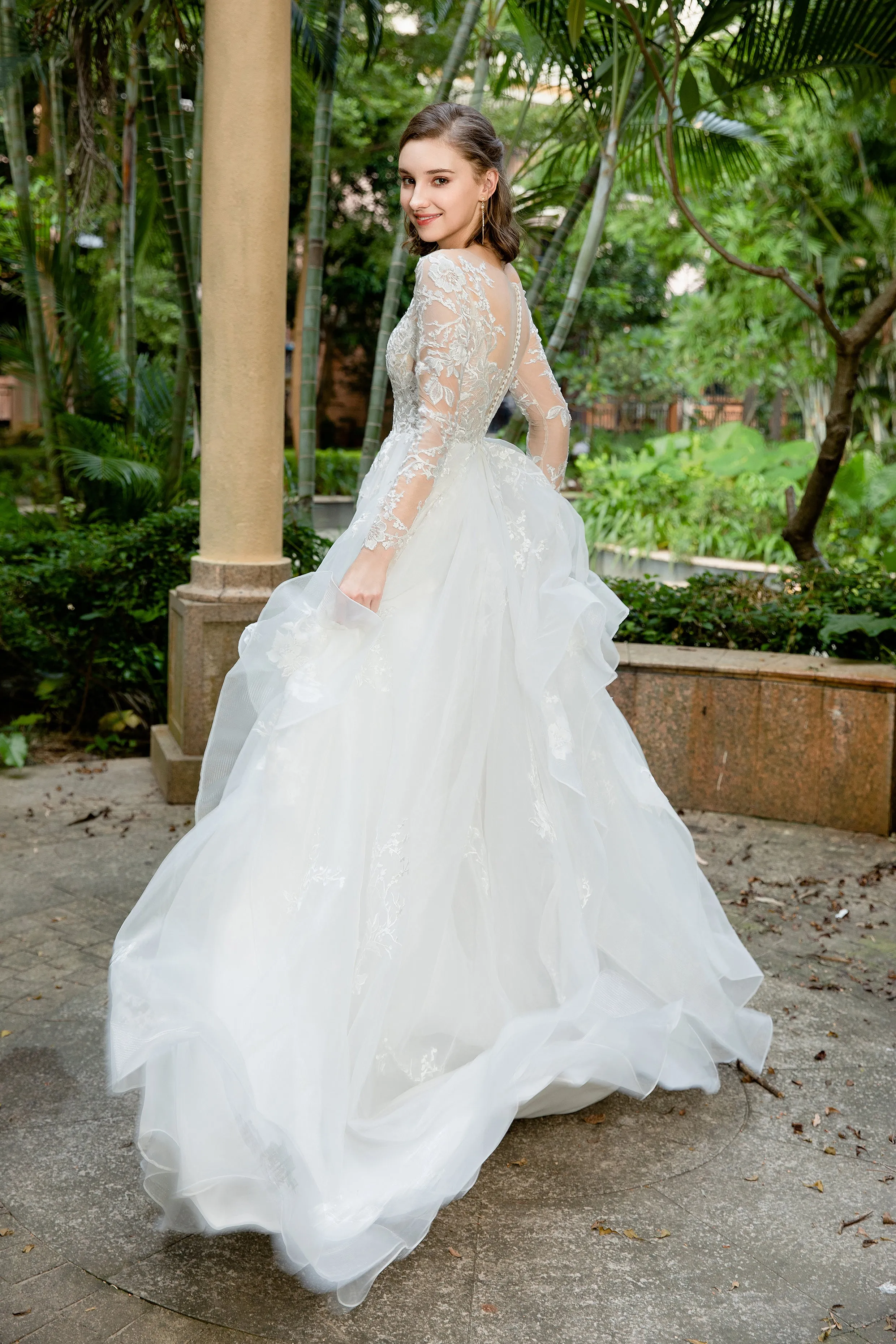 Tess - Selena Huan Long Sleeves Embroidery French Floral Lace Ruffled Skirt A-line Gown