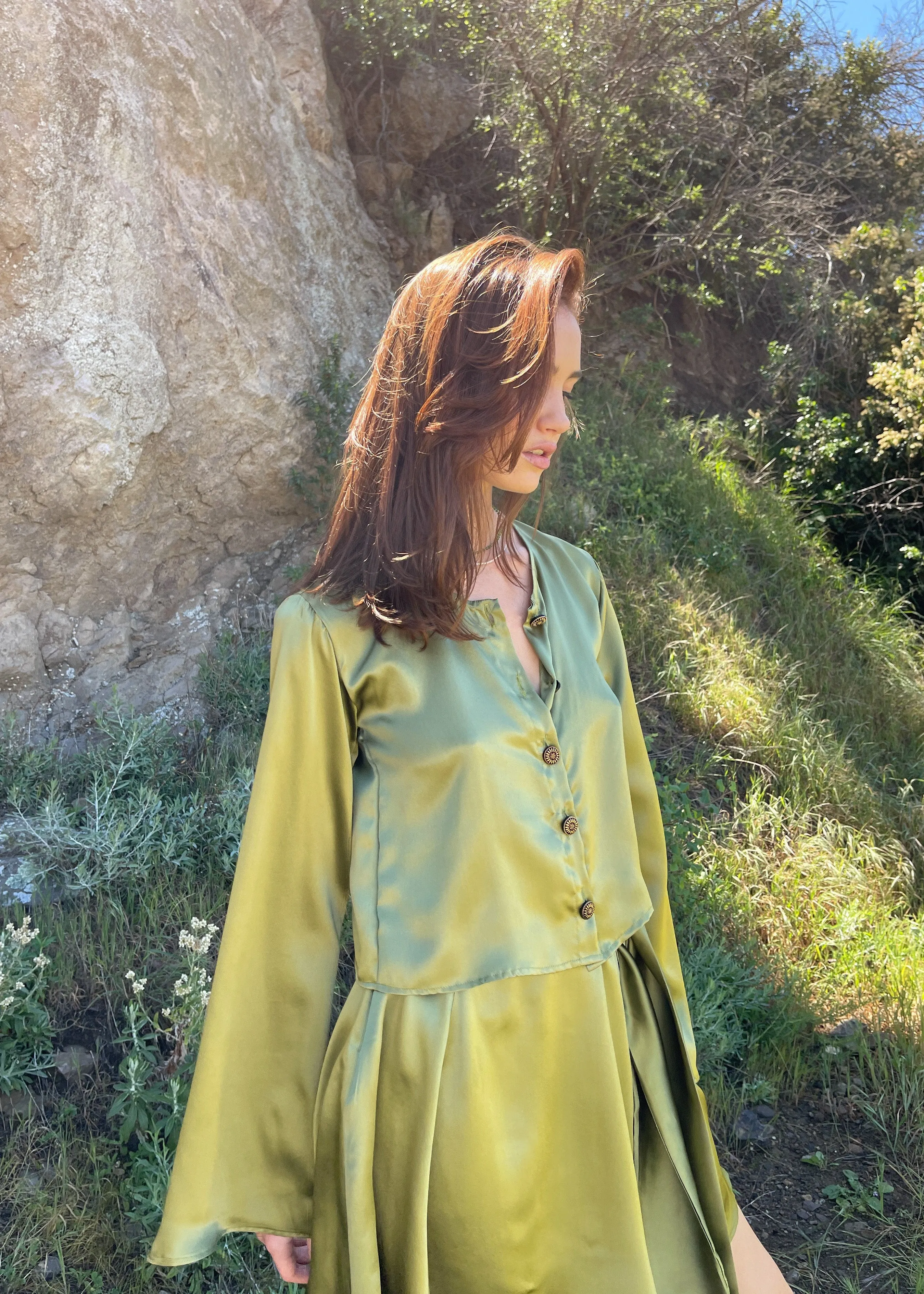 The Odette Blouse in Chartreuse Charmeuse Silk