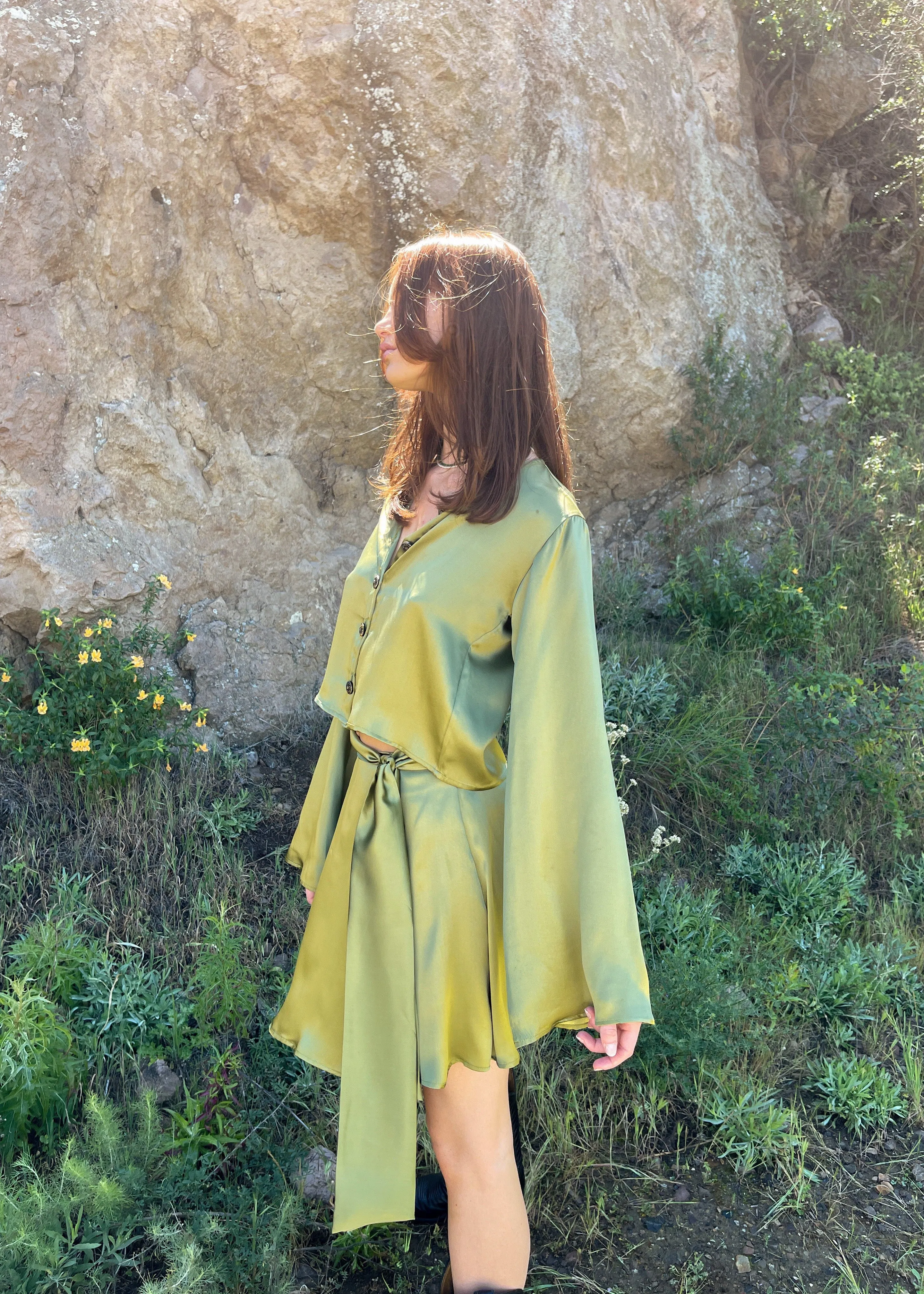 The Odette Blouse in Chartreuse Charmeuse Silk