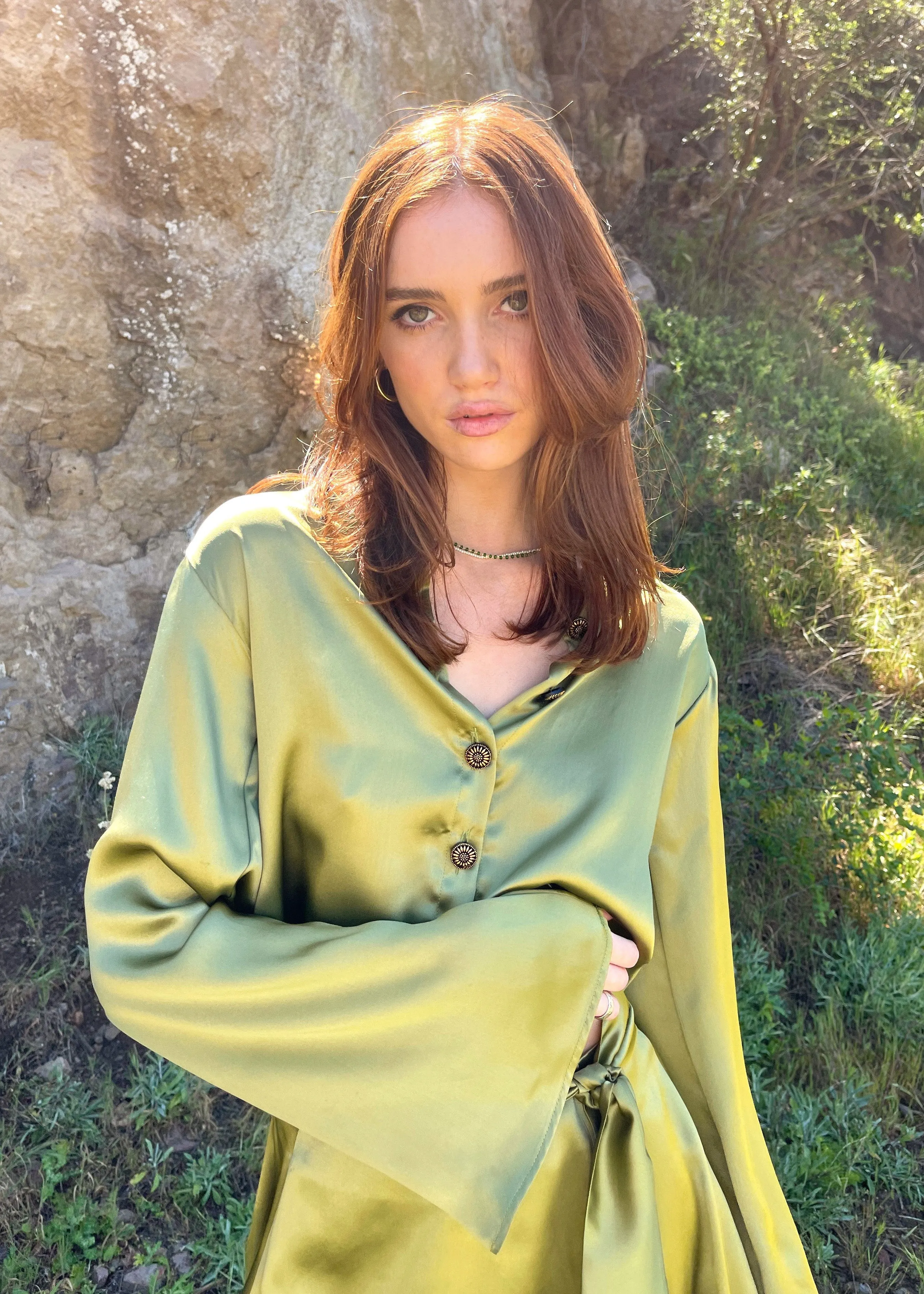 The Odette Blouse in Chartreuse Charmeuse Silk