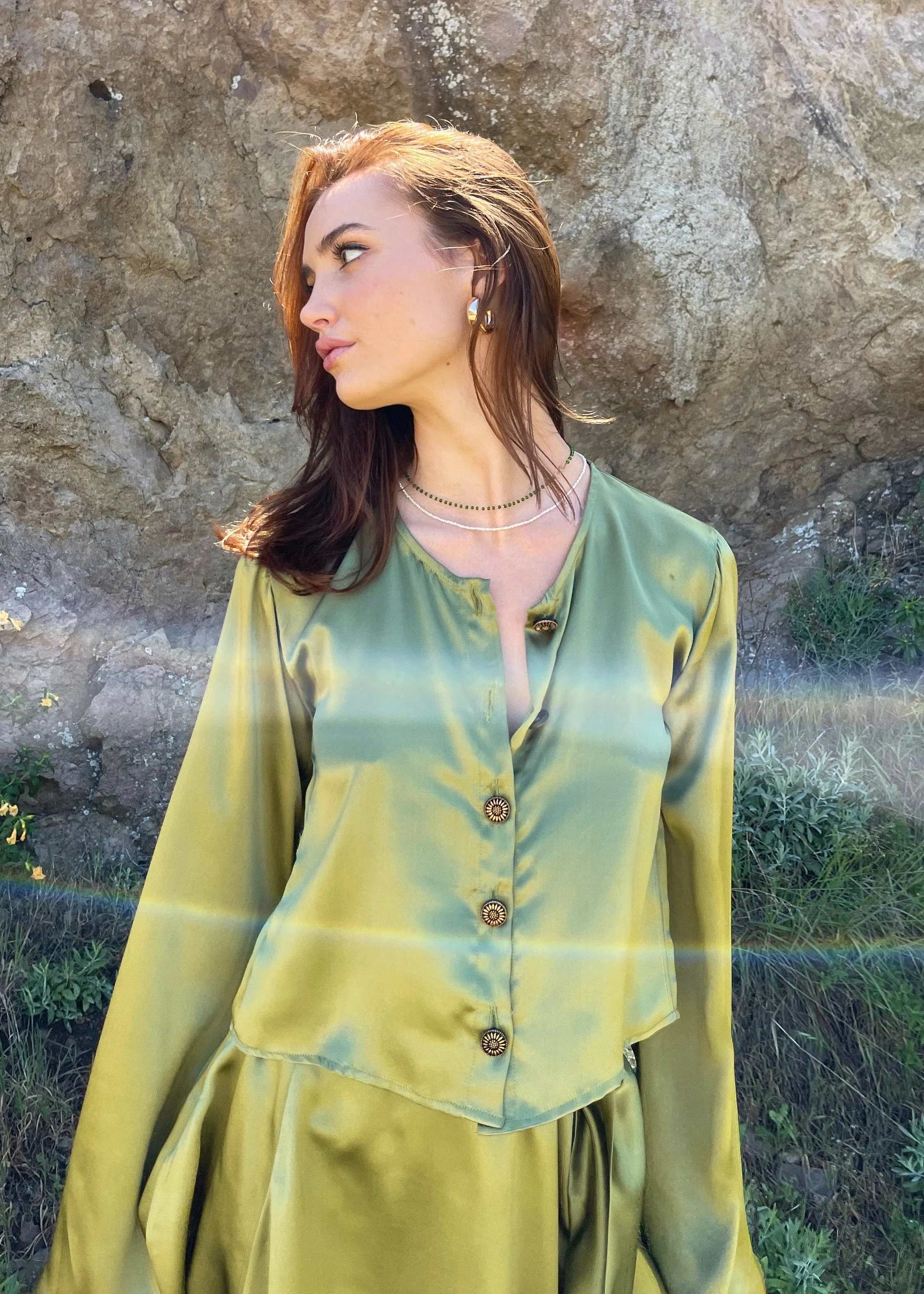 The Odette Blouse in Chartreuse Charmeuse Silk