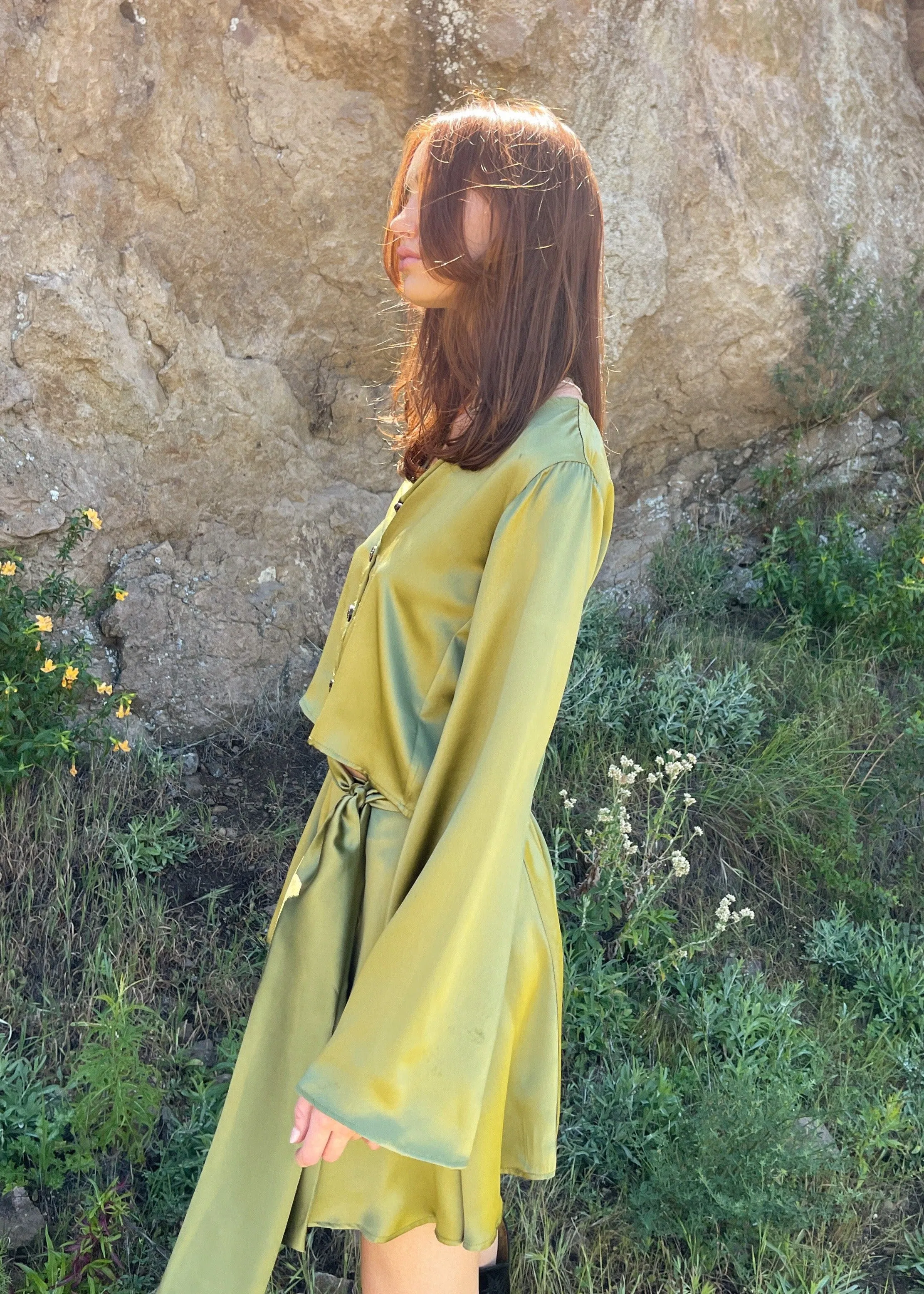 The Odette Blouse in Chartreuse Charmeuse Silk