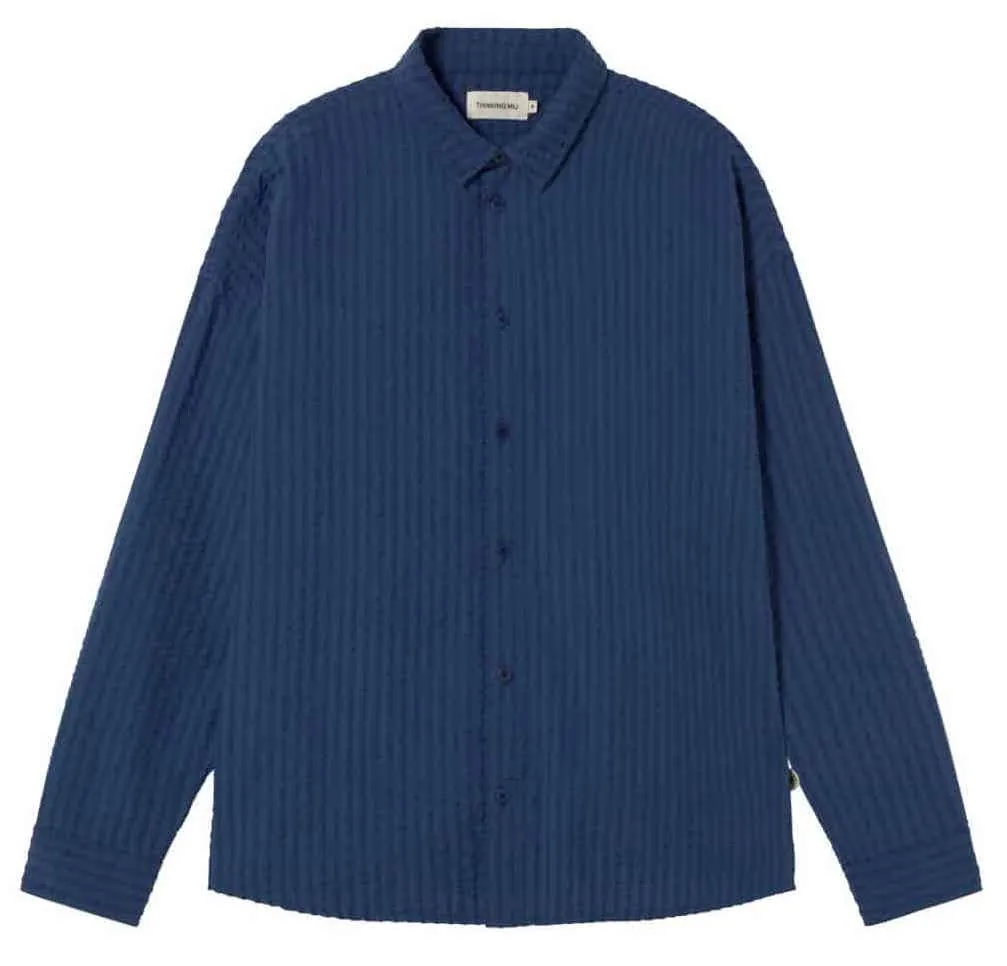 THINKING MU Haru seersucker shirt cobalt men