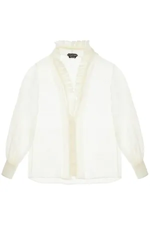 Tom Ford cream silk shirt with ruffled collar and mother-of-pearl buttons