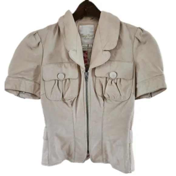 Tracy Reese Genuine Leather Short Sleeve Zip-up Shirt Coat Silk Lining-Size 6