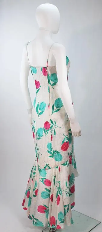 TRAVILLA White Silk Ruffled Gown with Floral Motif and Wrap Size 8-10