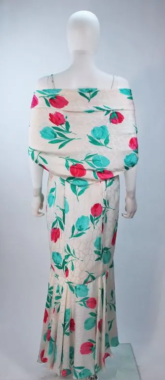 TRAVILLA White Silk Ruffled Gown with Floral Motif and Wrap Size 8-10