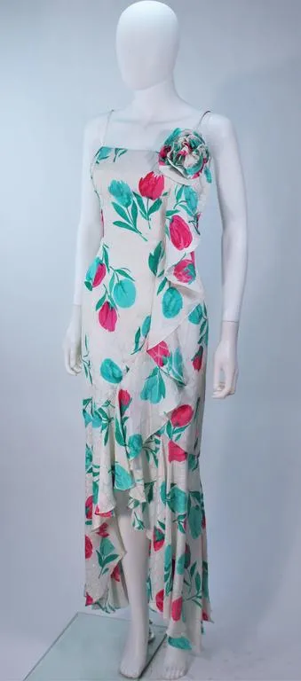 TRAVILLA White Silk Ruffled Gown with Floral Motif and Wrap Size 8-10