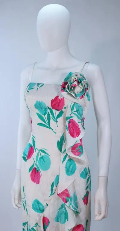 TRAVILLA White Silk Ruffled Gown with Floral Motif and Wrap Size 8-10