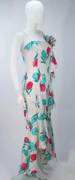 TRAVILLA White Silk Ruffled Gown with Floral Motif and Wrap Size 8-10