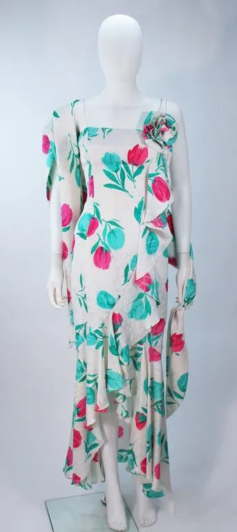 TRAVILLA White Silk Ruffled Gown with Floral Motif and Wrap Size 8-10
