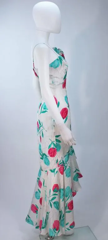 TRAVILLA White Silk Ruffled Gown with Floral Motif and Wrap Size 8-10