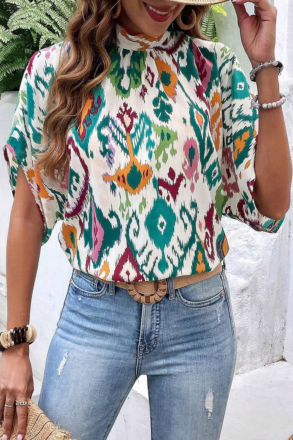Trina Printed Mock Neck Half Sleeve Blouse