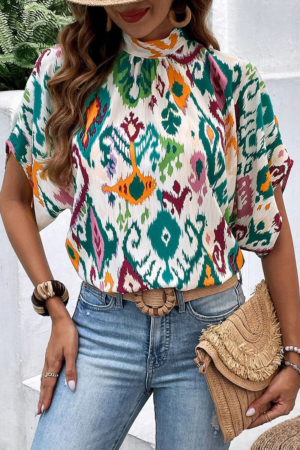 Trina Printed Mock Neck Half Sleeve Blouse
