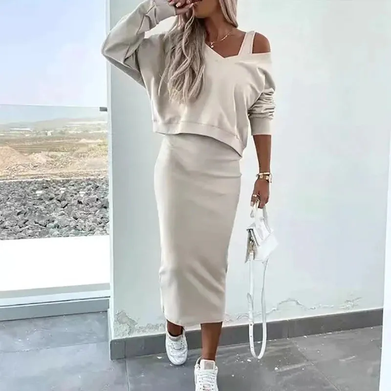 Two Piece Sets Long Sleeve Sweatshirts And Long Skinny Skirts
