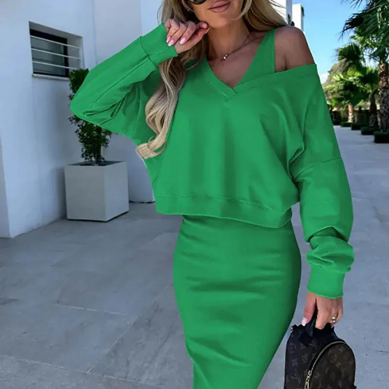 Two Piece Sets Long Sleeve Sweatshirts And Long Skinny Skirts