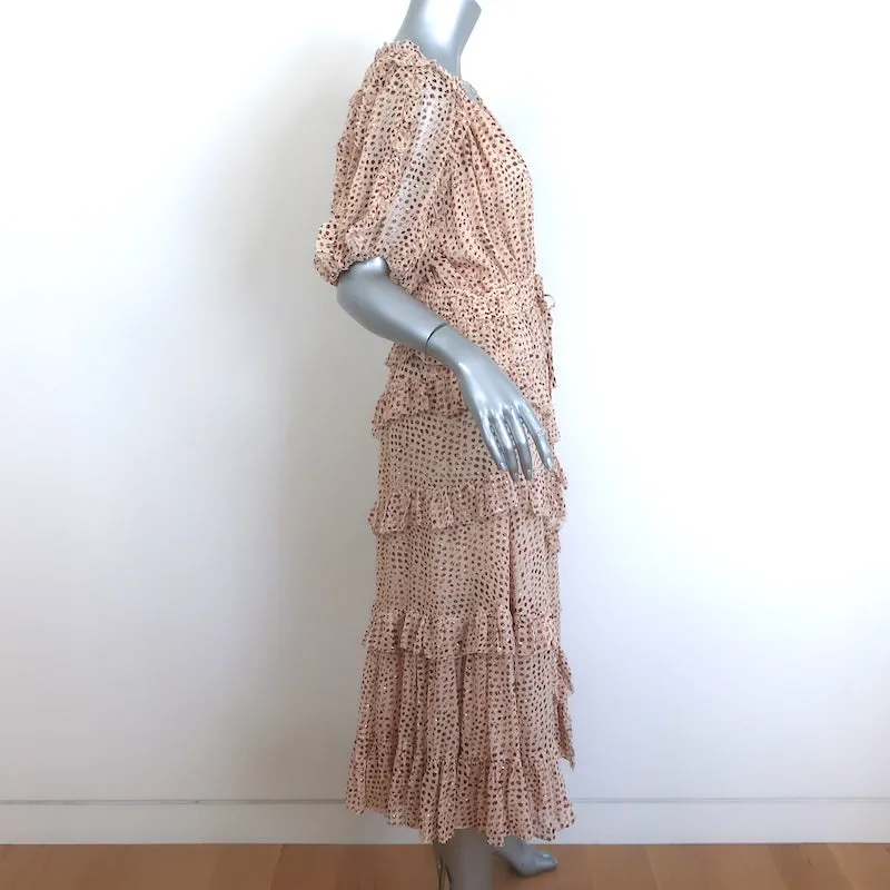 Ulla Johnson Cara Ruffled Midi Dress Beige Metallic Printed Chiffon Size 8