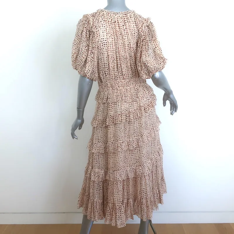 Ulla Johnson Cara Ruffled Midi Dress Beige Metallic Printed Chiffon Size 8