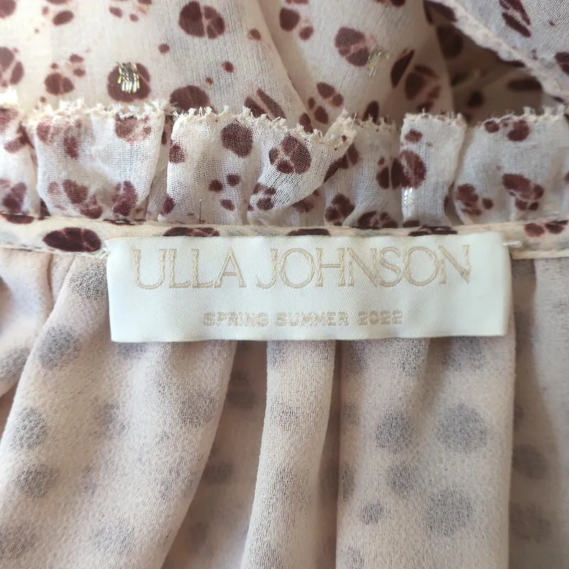 Ulla Johnson Cara Ruffled Midi Dress Beige Metallic Printed Chiffon Size 8