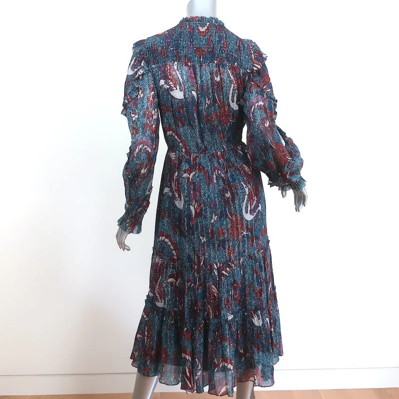 Ulla Johnson Ruffled Midi Dress Paola Navy Printed Metallic Cotton-Silk Size 4