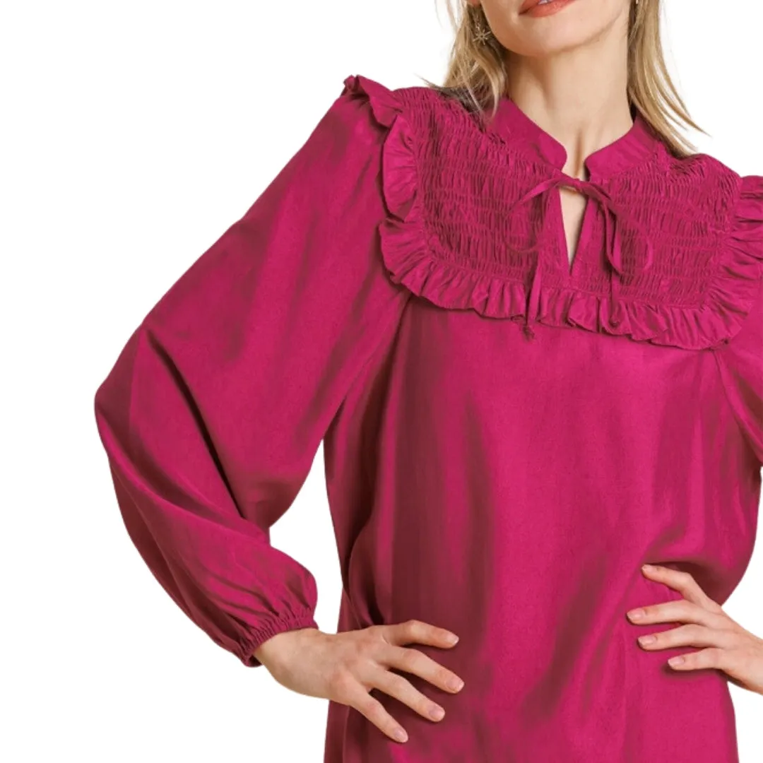 UMGEE Pink Long Sleeve Smocked Tie Front Dress K5382