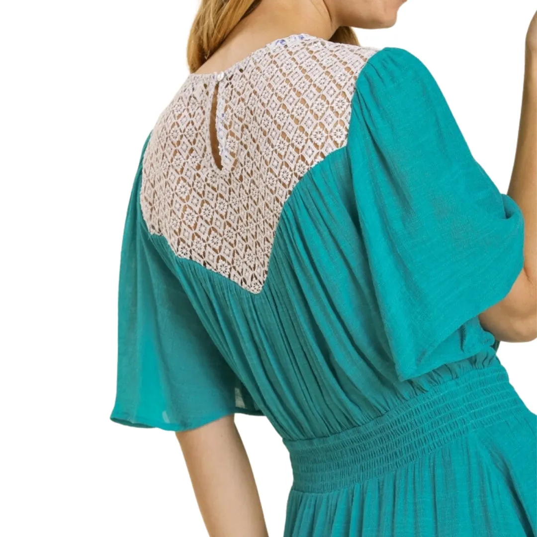 UMGEE Turquoise Blue Short Bell Sleeve Dress with Ruffle Hem K6142