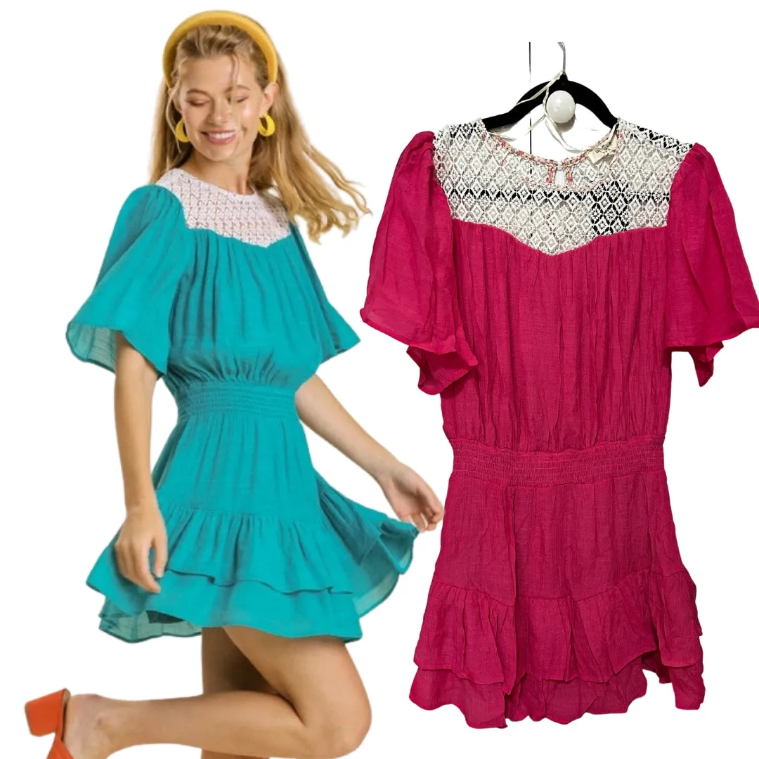 UMGEE Turquoise Blue Short Bell Sleeve Dress with Ruffle Hem K6142