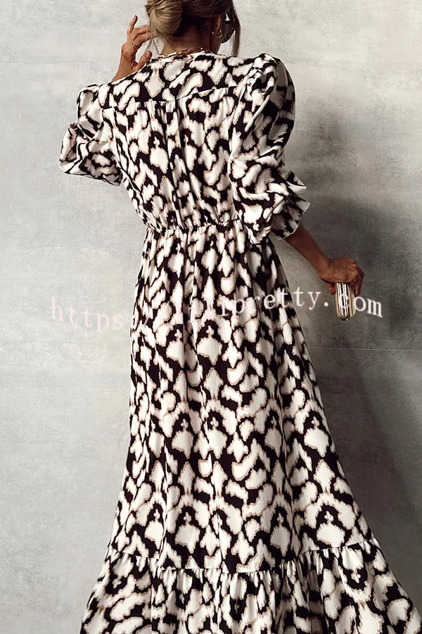 Unique Printed V-neck Waist High Slit Ruffled Maxi Dress