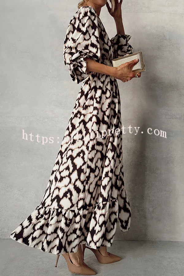 Unique Printed V-neck Waist High Slit Ruffled Maxi Dress
