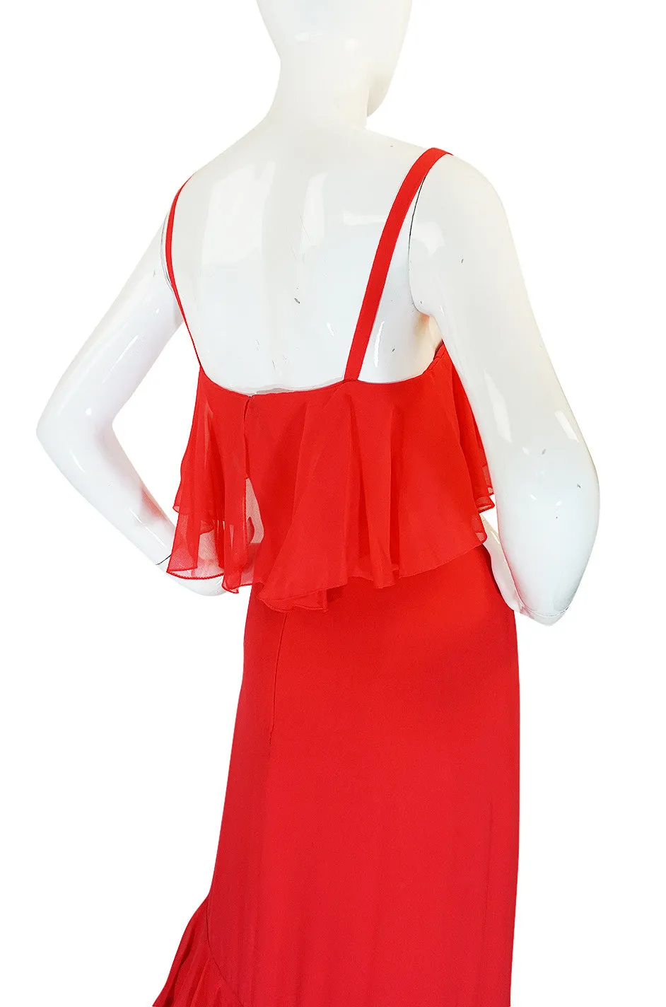 Unworn 1970s Red Silk Chiffon Tiered Ruffle Skirt Dress