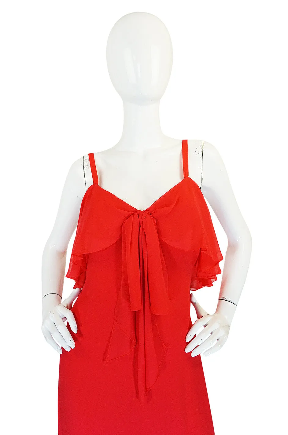 Unworn 1970s Red Silk Chiffon Tiered Ruffle Skirt Dress