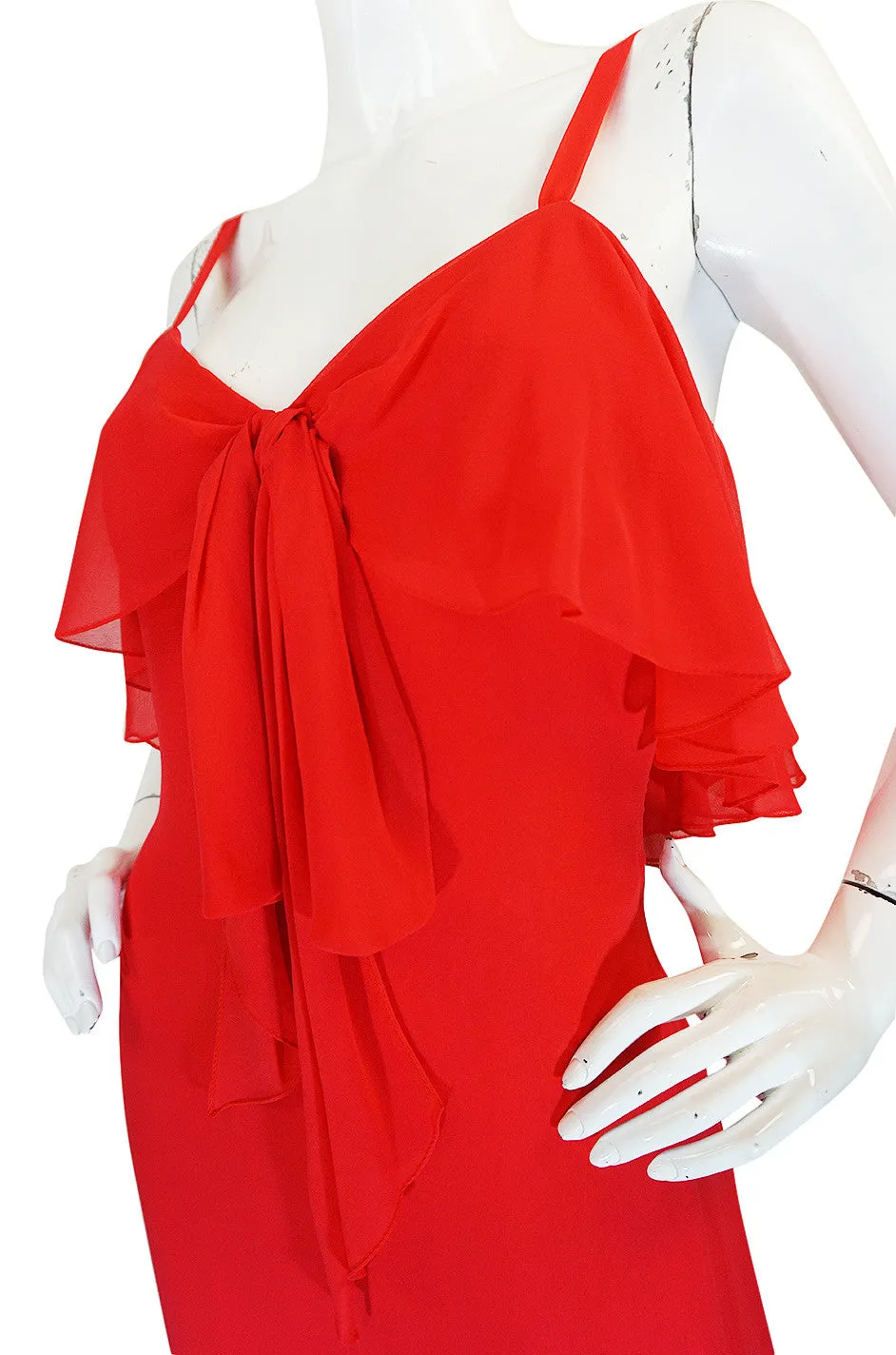 Unworn 1970s Red Silk Chiffon Tiered Ruffle Skirt Dress