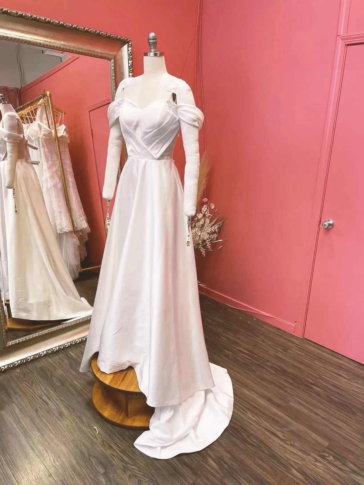 Uris - Selena Huan Chantilly Lace lux matte satin illusive back off the shoulder princess gown