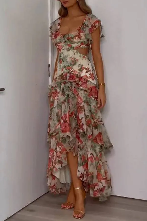 V-neck ruffled printed dress