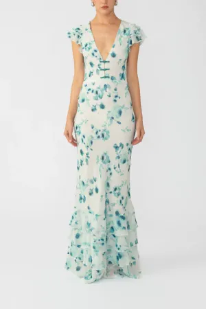 V-neck Ruffled Short Sleeve Tiered Hem Waisted Long Dress