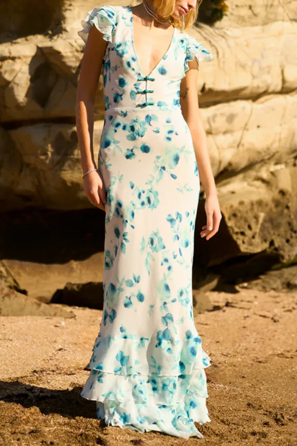 V-neck Ruffled Short Sleeve Tiered Hem Waisted Long Dress