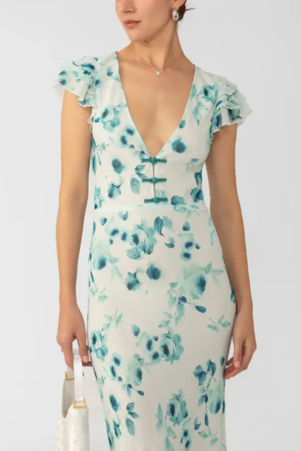 V-neck Ruffled Short Sleeve Tiered Hem Waisted Long Dress
