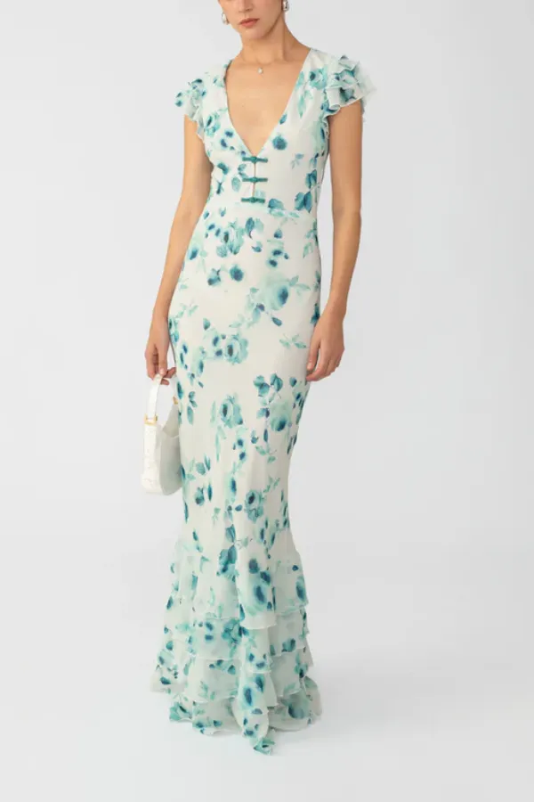 V-neck Ruffled Short Sleeve Tiered Hem Waisted Long Dress