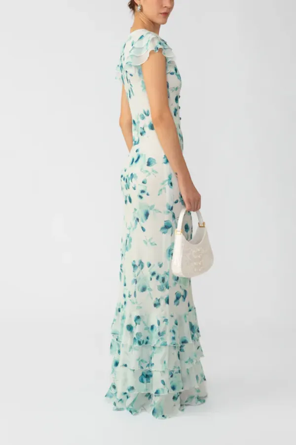 V-neck Ruffled Short Sleeve Tiered Hem Waisted Long Dress