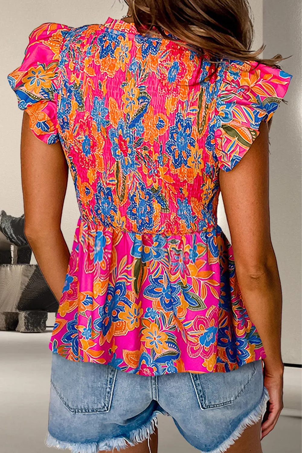 Val Smocked Printed V-Neck Cap Sleeve Blouse