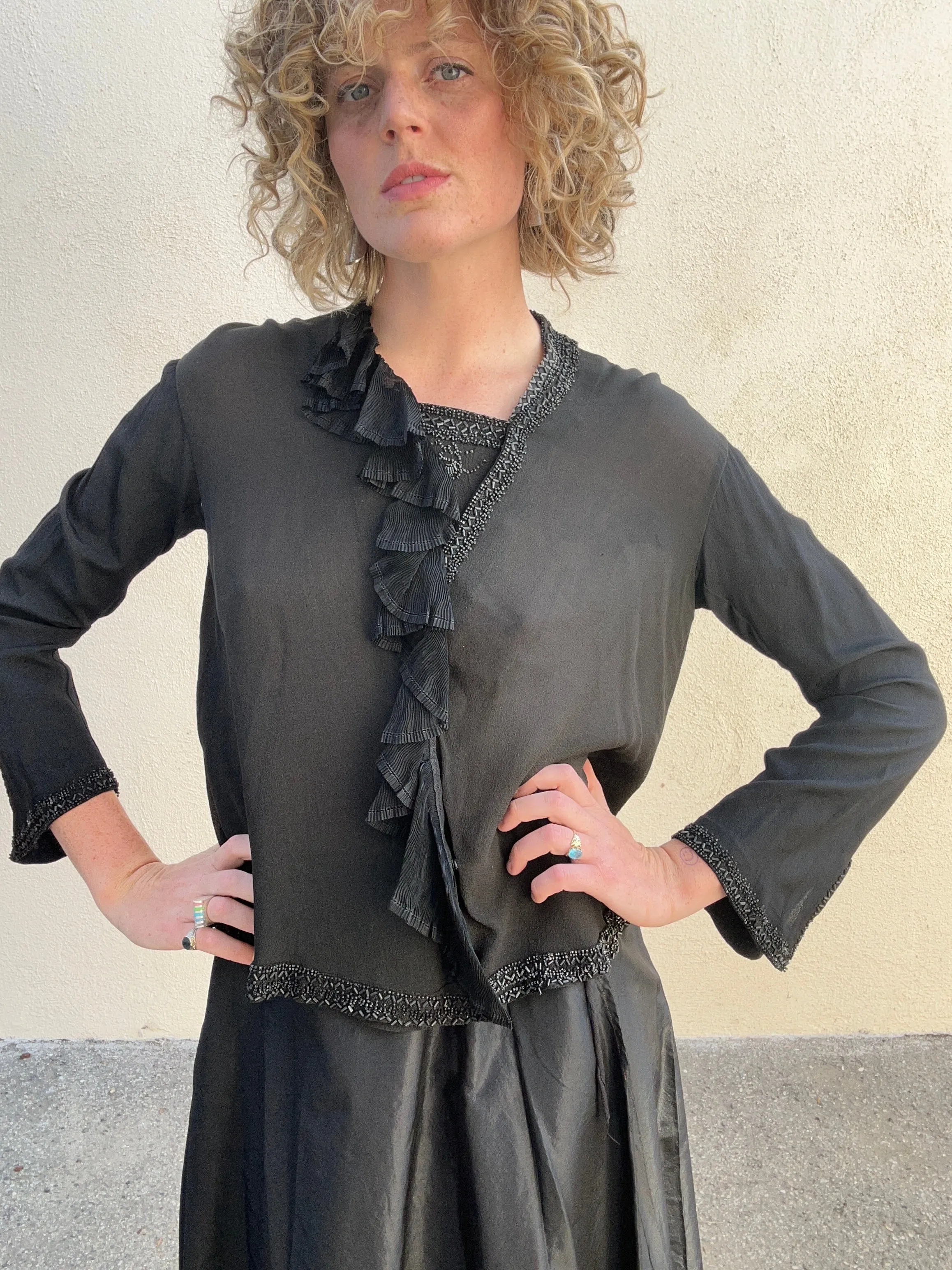 Victorian Black Beaded Silk and Ruffled Mourning Top