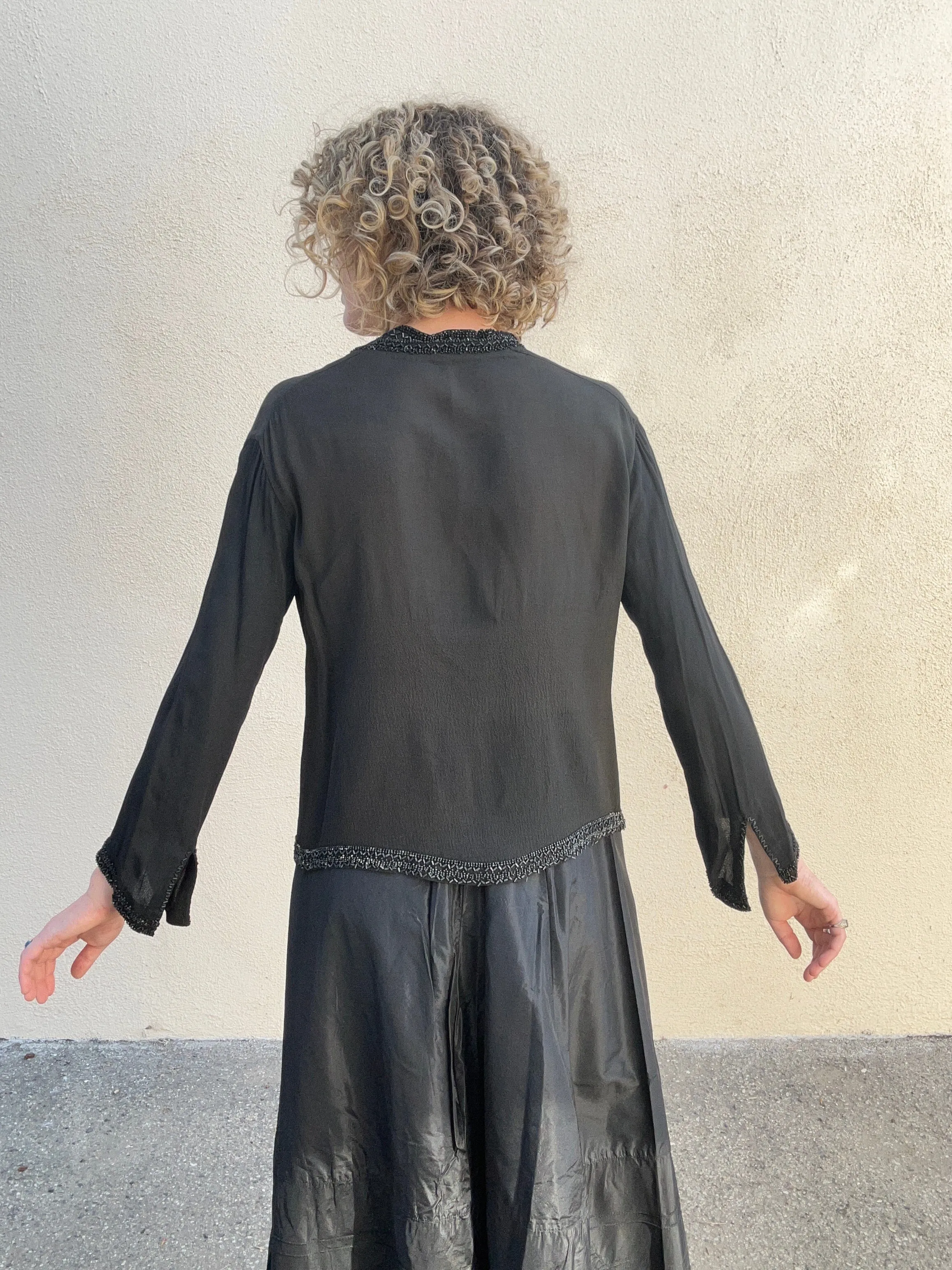 Victorian Black Beaded Silk and Ruffled Mourning Top