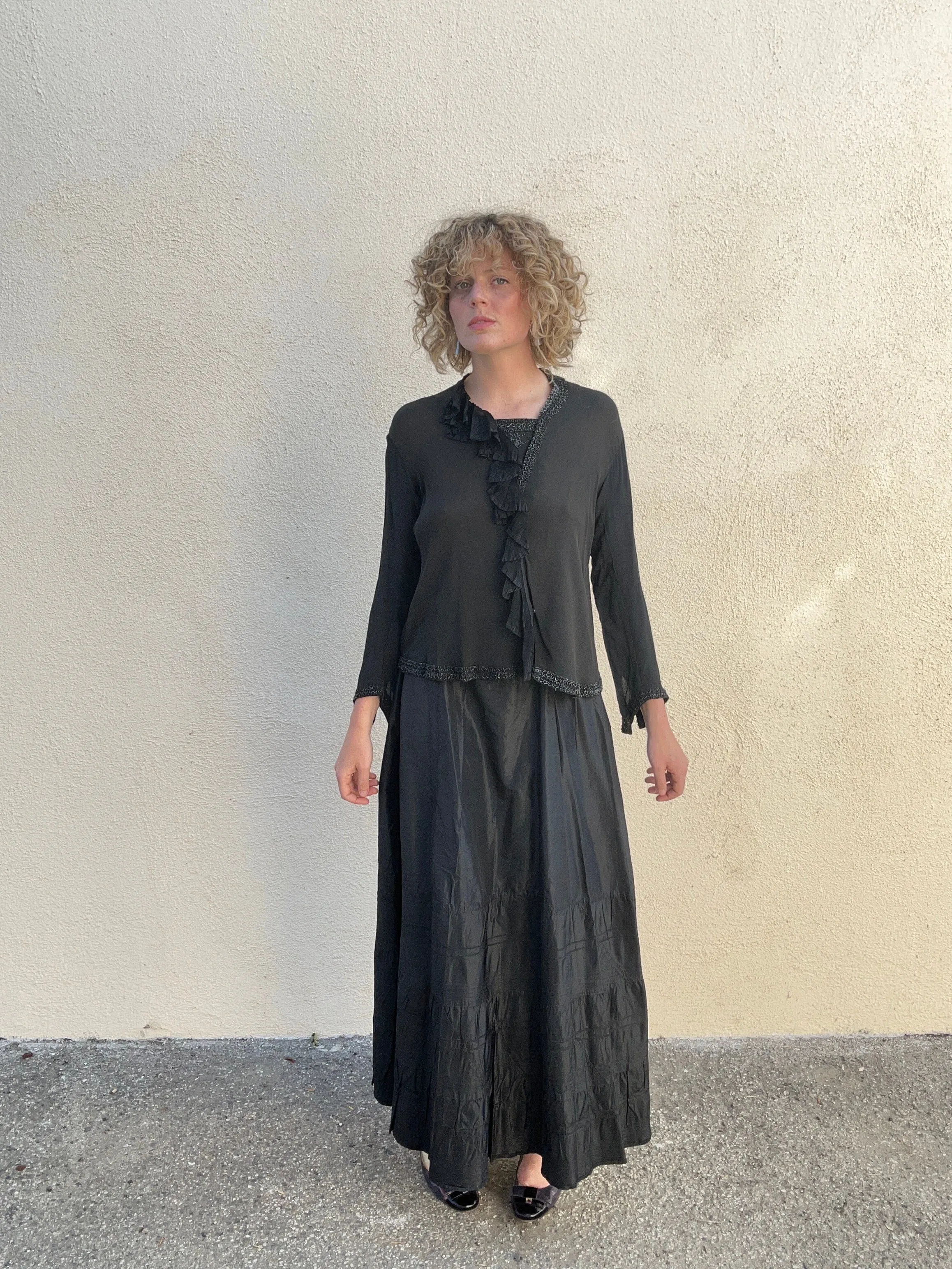 Victorian Black Beaded Silk and Ruffled Mourning Top