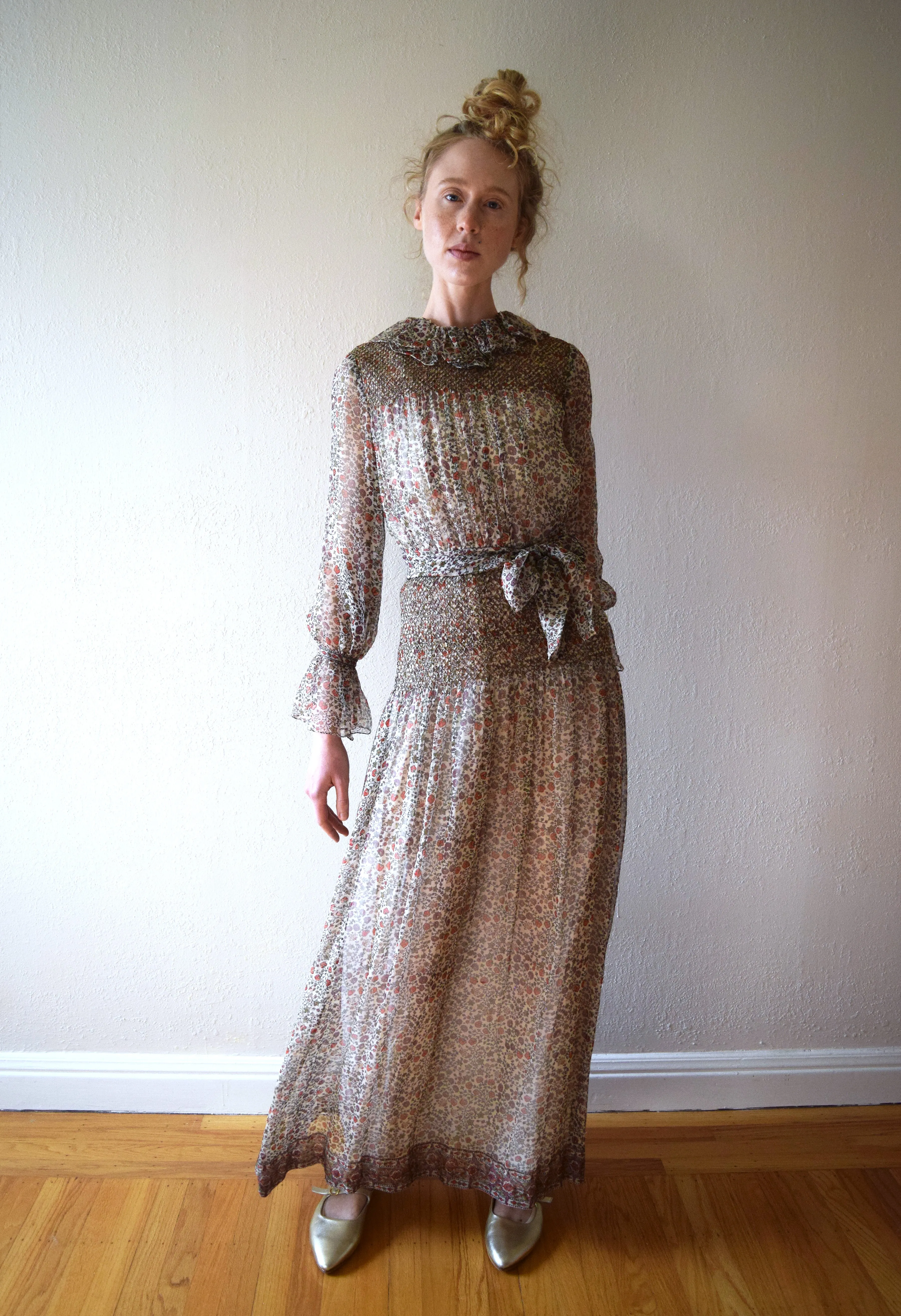 Vintage 1970s silk gown . Treacy Lowe dress . size xs to small
